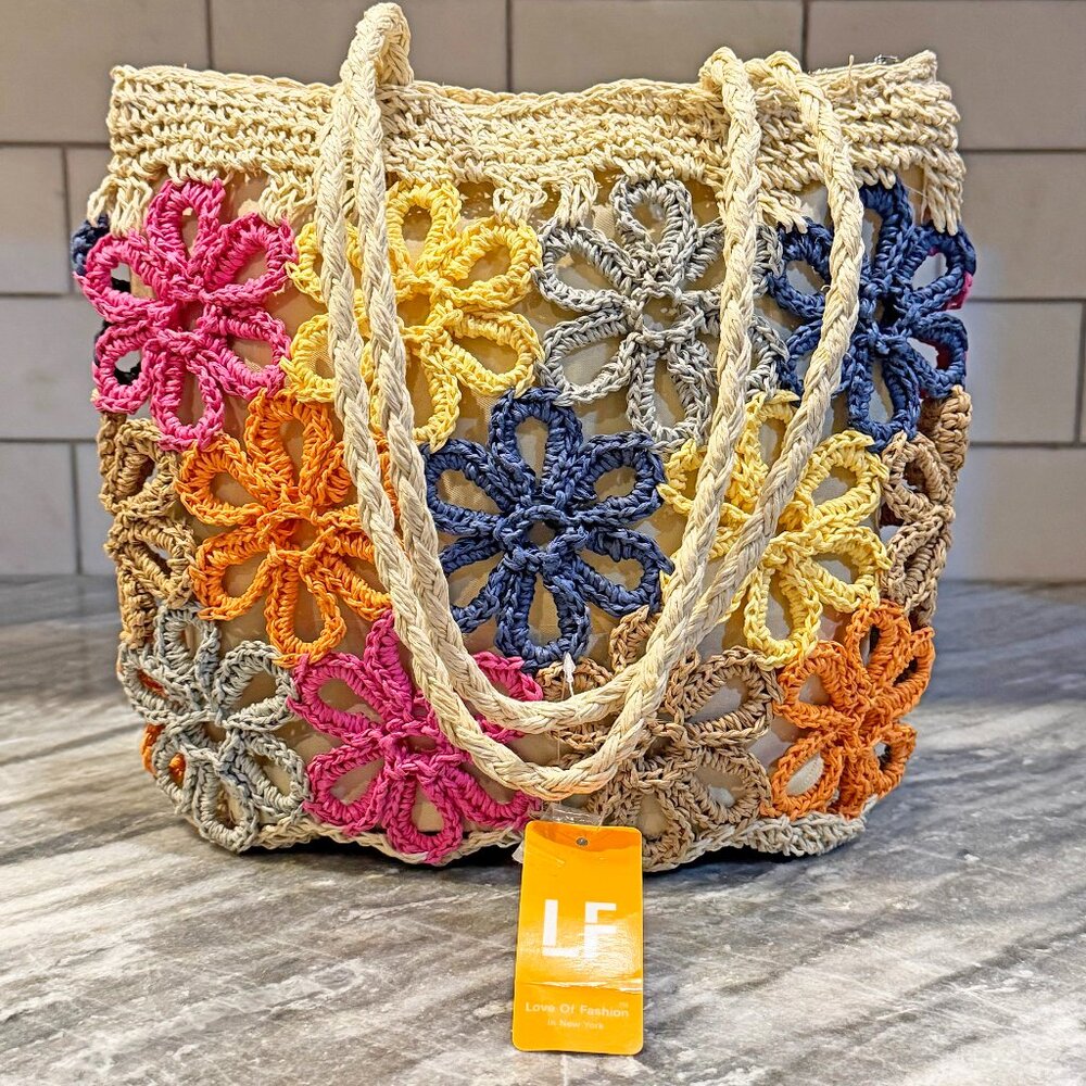 NWT Love of Fashion NY Crochet Floral Raffia Tote Bag/Purse